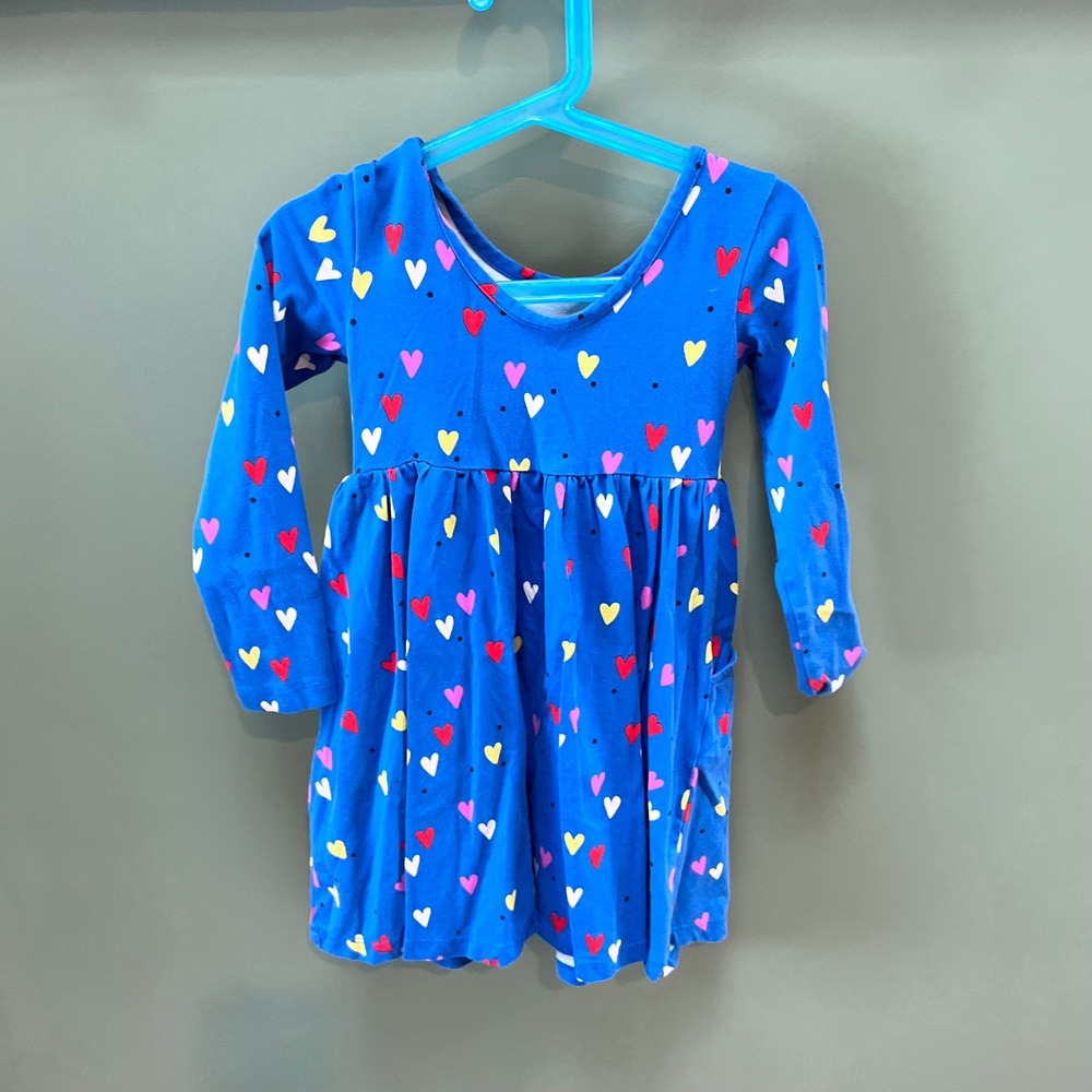 Hanna Andersson Blue Hearts Dress‎ Size 4 Long Sleeve Pockets